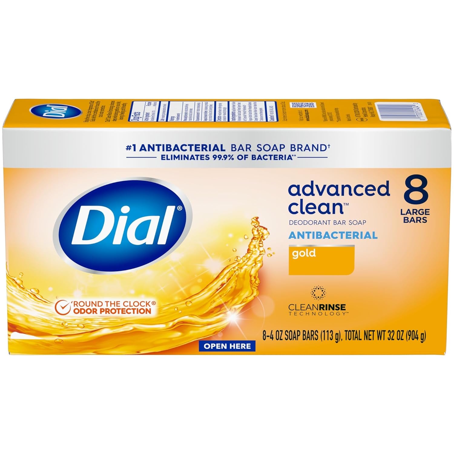 Advanced Clean Gold Antibacterial Deodorant Bar Soap, 4 Oz, 32 Bars, 24-Hour Odor Protection, Dermatologist Tested with Clean Rinse Technology