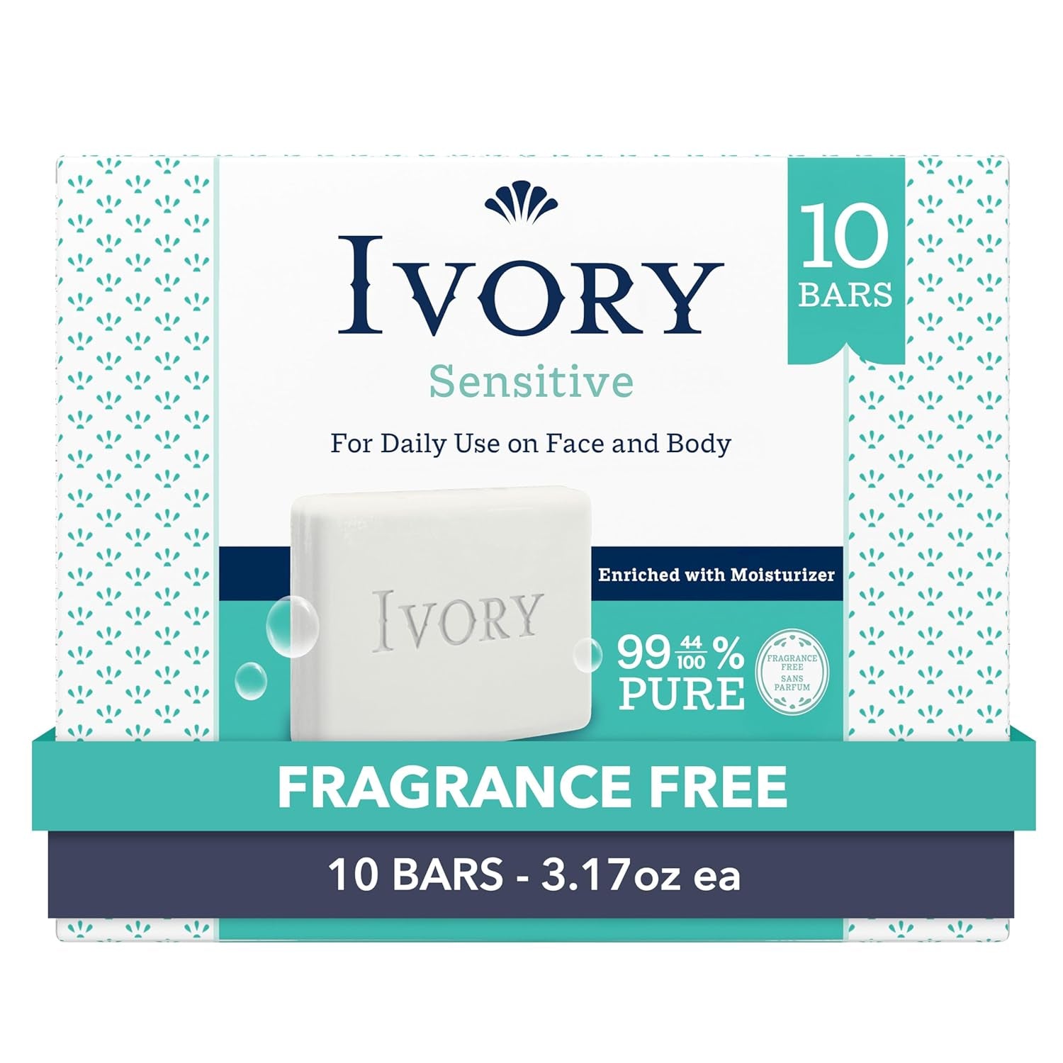 Fragrance-Free Sensitive Bar Soap for All Skin Types, 99.44% Pure Plant-Based Formula, 3.17 Oz (10 Count)