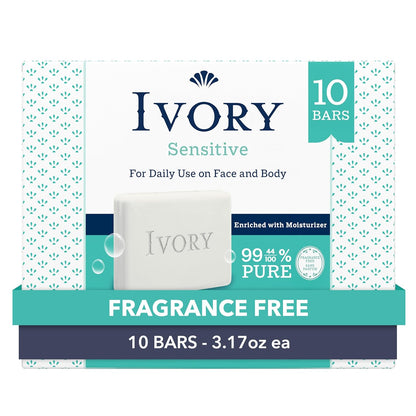 Fragrance-Free Sensitive Bar Soap for All Skin Types, 99.44% Pure Plant-Based Formula, 3.17 Oz (10 Count)