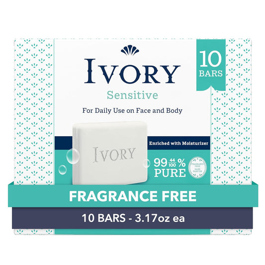 Fragrance-Free Sensitive Bar Soap for All Skin Types, 99.44% Pure Plant-Based Formula, 3.17 Oz (10 Count)