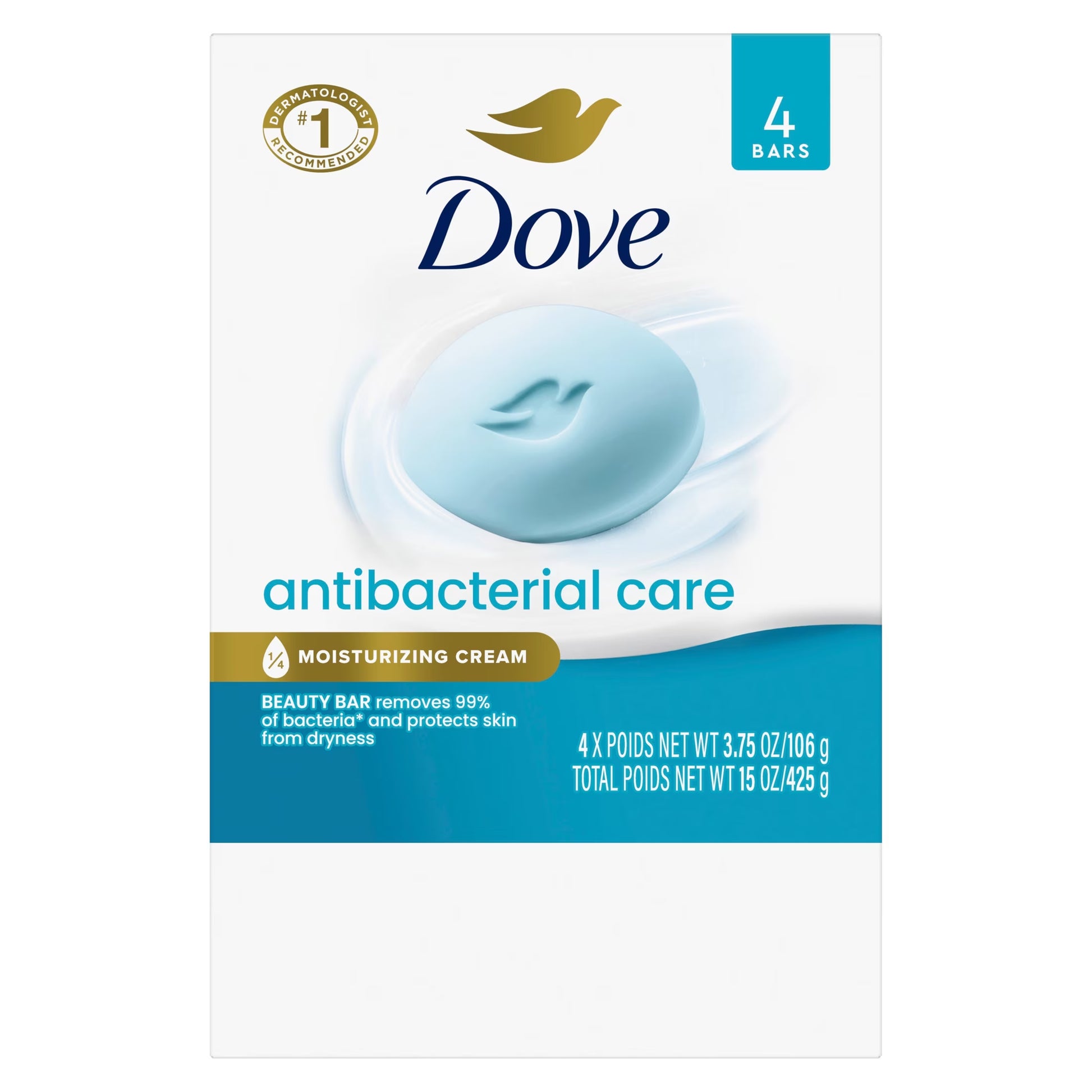 Beauty Bar Soap - Antibacterial Formula for Clean and Hydrated Skin, 99% Bacteria Removal, 3.75 Oz, Pack of 4 Bars