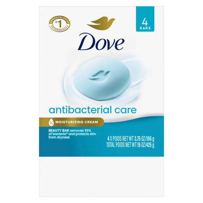 Beauty Bar Soap - Antibacterial Formula for Clean and Hydrated Skin, 99% Bacteria Removal, 3.75 Oz, Pack of 4 Bars
