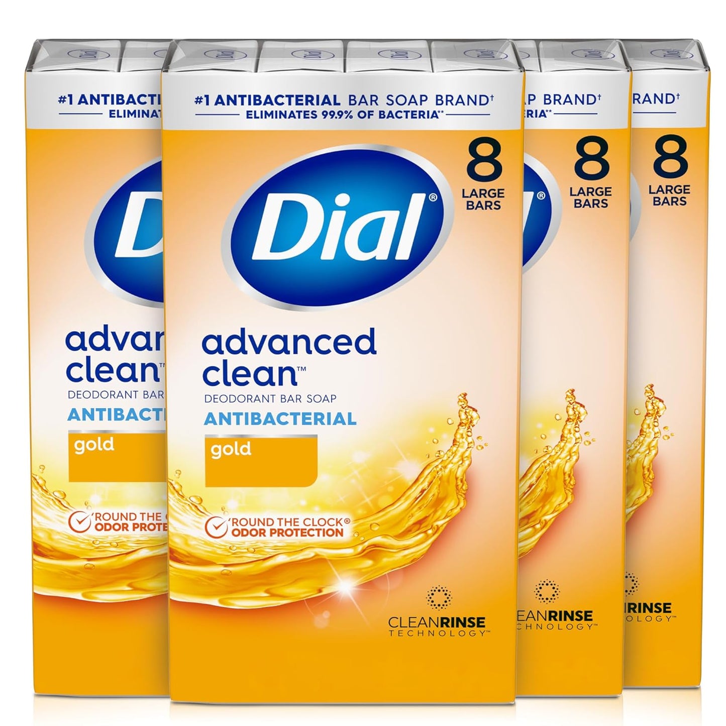 Advanced Clean Gold Antibacterial Deodorant Bar Soap, 4 Oz, 32 Bars, 24-Hour Odor Protection, Dermatologist Tested with Clean Rinse Technology