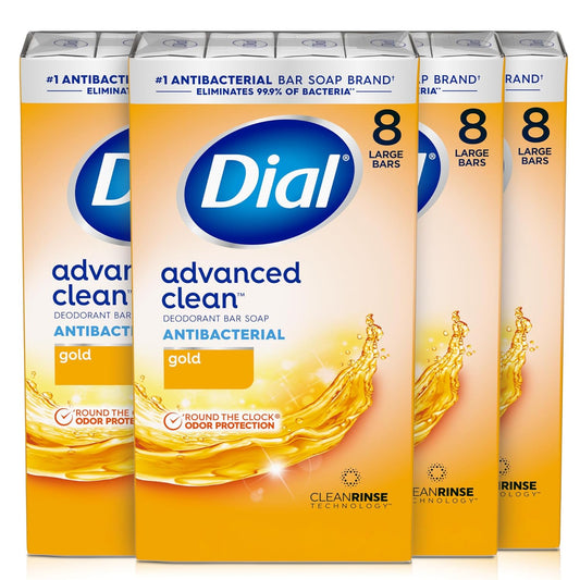 Advanced Clean Gold Antibacterial Deodorant Bar Soap, 4 Oz, 32 Bars, 24-Hour Odor Protection, Dermatologist Tested with Clean Rinse Technology