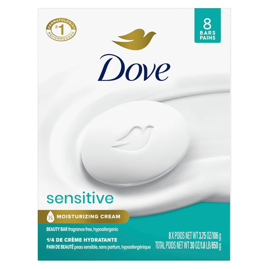 Dove Sensitive Skin Beauty Bar Soap, 8-Pack, Fragrance-Free and Hypoallergenic, 3.75 Oz Each