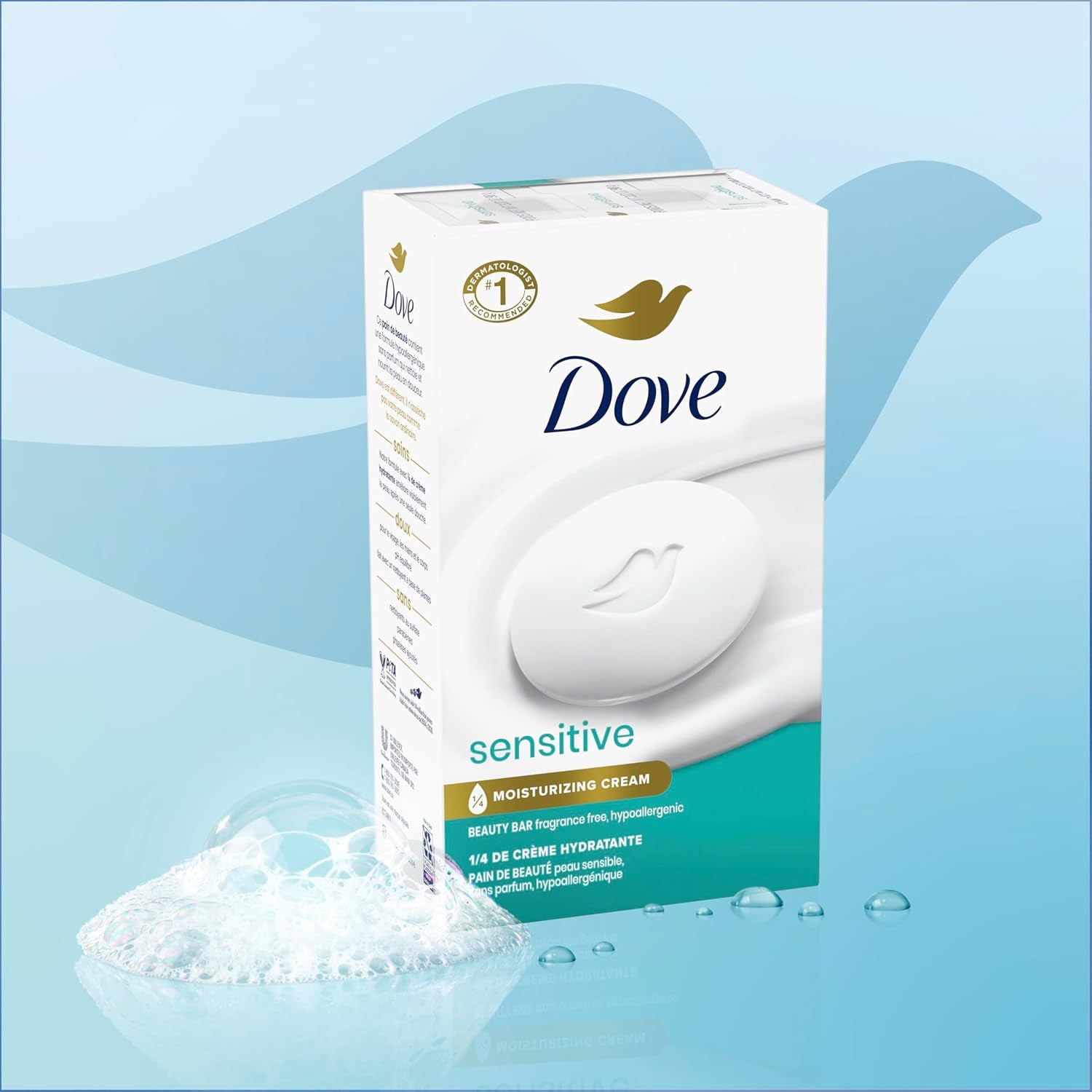 Dove Sensitive Skin Beauty Bar Soap, 8-Pack, Fragrance-Free and Hypoallergenic, 3.75 Oz Each