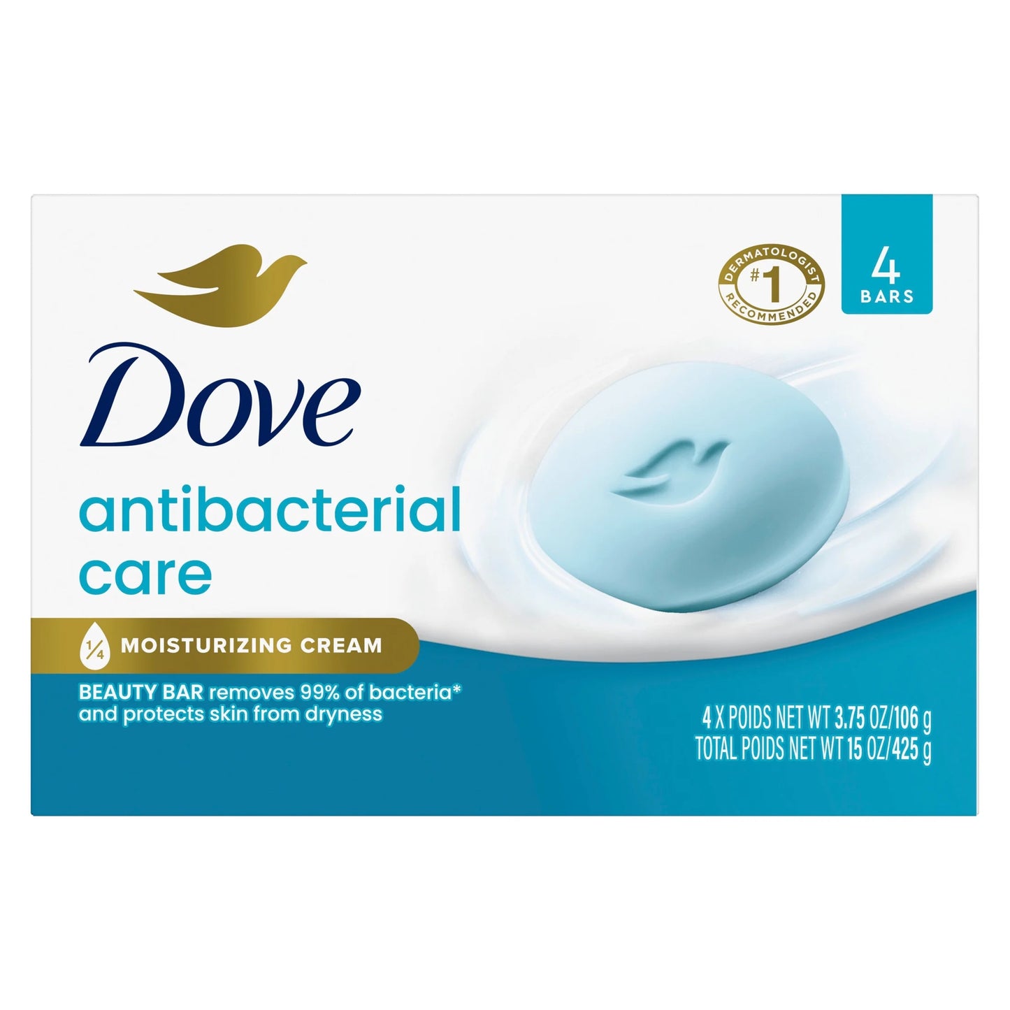 Beauty Bar Soap - Antibacterial Formula for Clean and Hydrated Skin, 99% Bacteria Removal, 3.75 Oz, Pack of 4 Bars