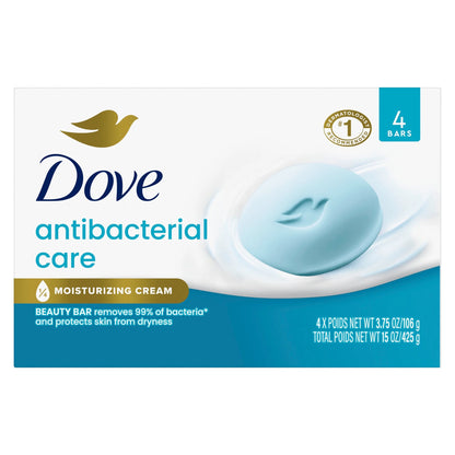 Beauty Bar Soap - Antibacterial Formula for Clean and Hydrated Skin, 99% Bacteria Removal, 3.75 Oz, Pack of 4 Bars